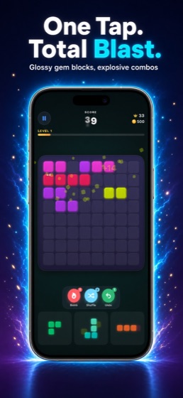 Cube Blast gameplay — drag gem blocks onto the 8×8 board